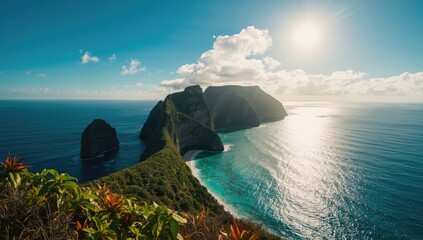 Vast island view featuring vibrant nature and coastline, ideal for environmental awareness campaigns