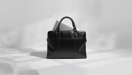 Laptop in a black leather bag, durable materials for daily commuting