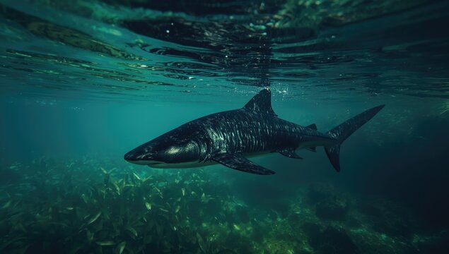 Iridescent shark with dark coloration gliding through water, highlighting its size and reflective skin, aquatic animal conservation