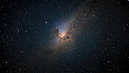 Fototapeta premium Night sky scene showing the North America Nebula in blue and orange tones with star clusters, highlighting deep space observation