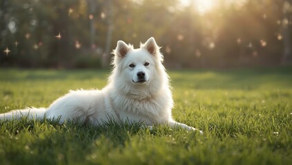 White Alabai lying on grass, highlighting natural habitat and breed calmness