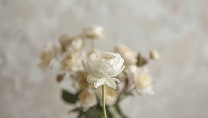 Soft white ranunculus blossoms with one detailed, serving as a gentle floral backdrop for layout or editorial purposes, Earth Day