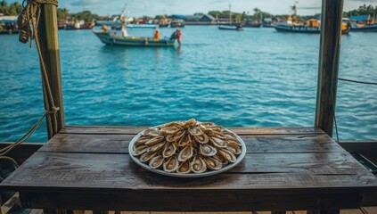 Seafood harvesting at an oyster farm with water and ropes, highlighting industry operations, World Oceans Day