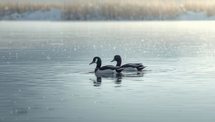 Fototapeta premium Pair of pintail ducks floating on a lake during winter, birdwatching scene, wildlife preservation, seasonal change, Earth Day