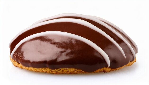 a chocolate covered cookie with chocolate icing cutout and isolated on white background