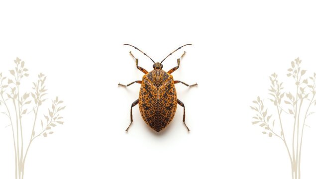 Adult brown marmorated stink bug, Halyomorpha halys, invasive pest control focus, isolated against white background