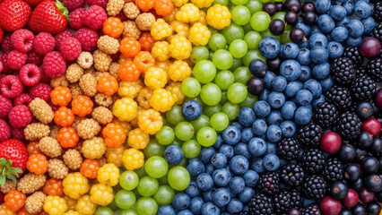 Rainbow berries display: strawberries, raspberries, gooseberries, blueberries, blackberries and currants. Colorful fresh fruit background. Perfect for healthy eating, grocery and market advertisement.