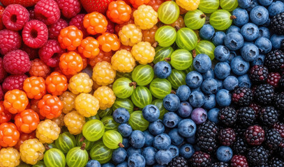Rainbow berries display: strawberries, raspberries, gooseberries, blueberries, blackberries and currants. Colorful fresh fruit background. Perfect for healthy eating, grocery and market advertisement.