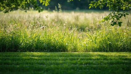 Grass border created by mowing in a natural field with thick grass and shrubbery, summer, landscape, land use