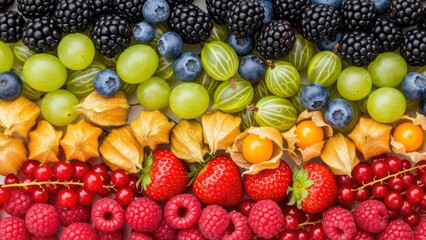 Rainbow berries display: strawberries, raspberries, gooseberries, blueberries, blackberries and currants. Colorful fresh fruit background. Perfect for healthy eating, grocery and market advertisement.