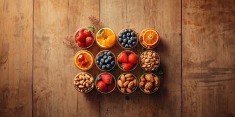 Fresh fruit and vegetable servings in portion cups on a wooden surface, suited for healthy eating habits