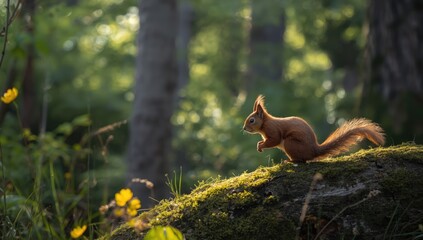 Red squirrel perched on wood, focused on environment, highlighting local fauna
