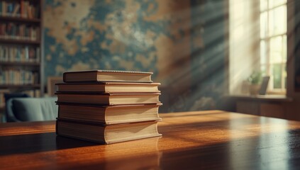 Collection of books arranged on table in library, supporting learning and research activities