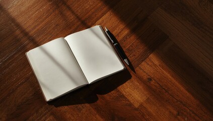 Blank notebook with pen on rustic wooden table, suitable for writing or planning, World Literacy Day