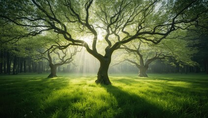 Obraz premium Sunlit forest with uniquely shaped trees appearing to dance, highlighting nature's artistry, World Forest Day
