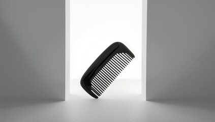 Black comb on plain white backdrop, a grooming tool for hairstyling or cosmetics, emphasizing hygiene