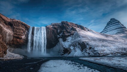 Seljalandsfoss waterfall in winter snow, outdoor scenery emphasizing seasonal erosion risk