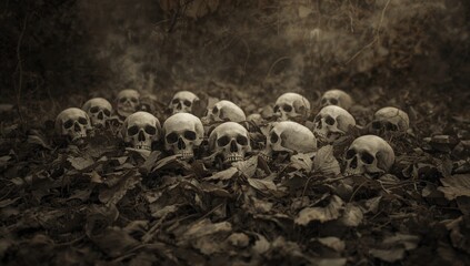 Skulls and skeletons among rotting leaves, illustrating biological decay in forest floor layers, World Nature Conservation Day