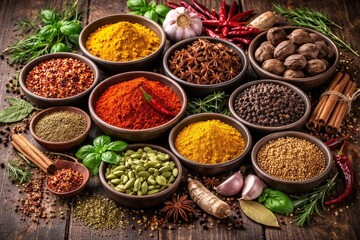 Fototapeta premium Freshly gathered spices artistically placed in bowls