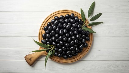 Black olives arranged on a white wooden surface, suitable for food styling and dietary displays