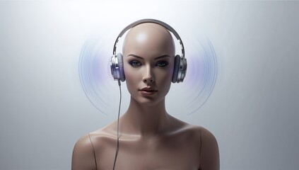 Headphones worn by a woman with a sound wave graphic, highlighting personal audio device use