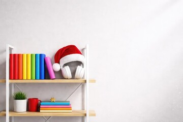 Open shelving unit with vibrant colored books and white headphones wearing a red Santa hat on a large format print background with copy space