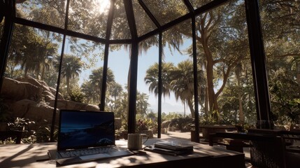 Laptop and mug sit on desk inside sunlit conservatory overlooking lush tropical garden.