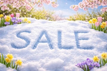 Fresh snow displaying SALE message on cheerful spring day