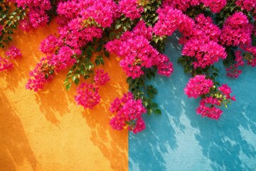Bright bougainvillea blooms framed by dual tone backdrops