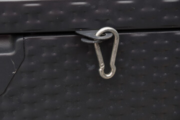 A clip Carabiner on a box