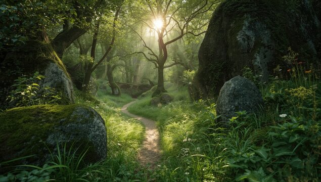 Serene woodland trail in Tuscany, Italy, featuring dense foliage and large mossy stones, highlighting outdoor recreation and environmental preservation