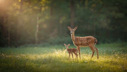 Naklejka premium Wildlife scene showing a mother deer and her young in a natural forest habitat