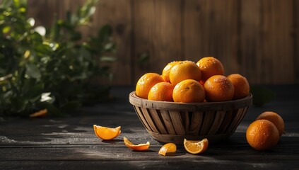 Fresh oranges in a rustic wooden basket, suitable for healthy snack display and natural decor