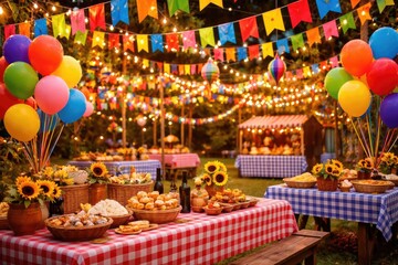 Festa Junina celebration decorated with miniature colorful flags and balloons