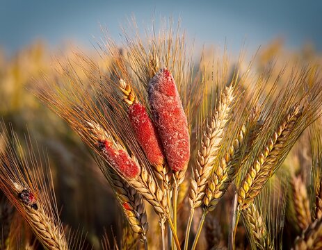 fusarium infected wheat stalks with reddish lesions and spores in a visible field