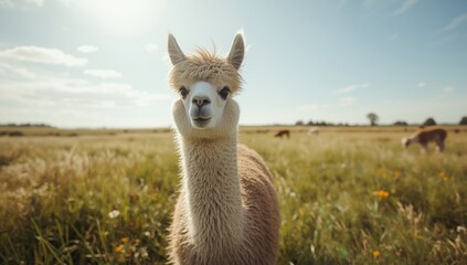 Obraz premium Curious suri alpaca with silky long wool standing in a vibrant pasture, highlighting fiber density and outdoor setting