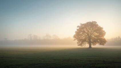 Obraz premium A fog-covered field during autumn morning, suitable for nature backdrop, World Environment Day