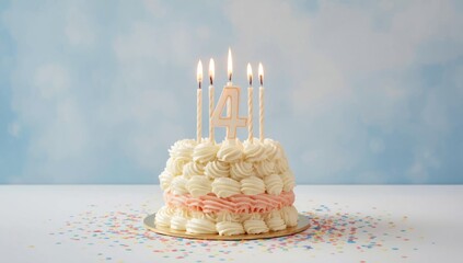 Celebratory birthday cake with four candles, set against a bright blue and white backdrop, topped with buttercream frosting and a simple number decoration, for a kids party