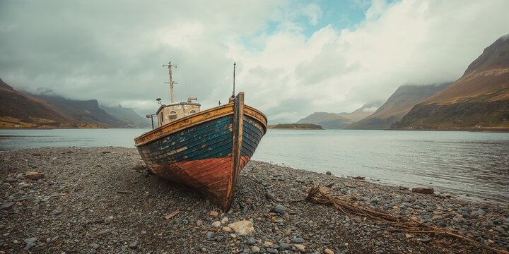 Vintage fishing vessel resting on rocky shoreline at Loch Linnhe, maritime history