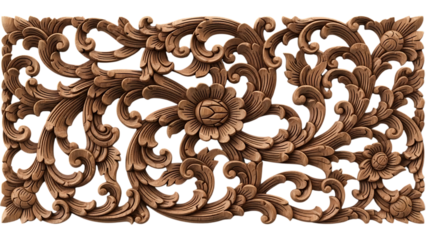 Intricate wooden carving with floral patterns isolated on transparent background