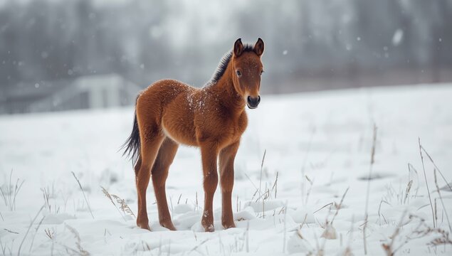 Young horse with snow on face and back, highlighting winter weather and outdoor animal resilience
