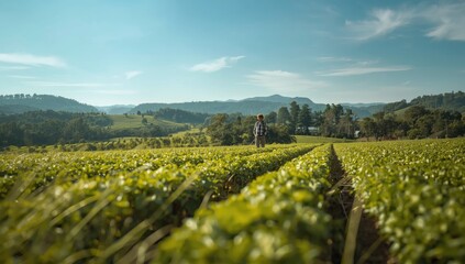 Young farmer inspecting lush vegetable crops amidst vibrant summer landscape, focusing on sustainable farming practices