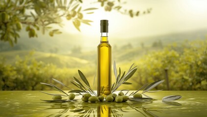 Glass bottle of extra virgin olive oil with a metal pour spout, highlighting freshness and processing, Earth Day