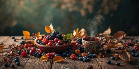 Vintage wooden table laden with berries and leaves, harvest setting for herbal tea, autumn nature background