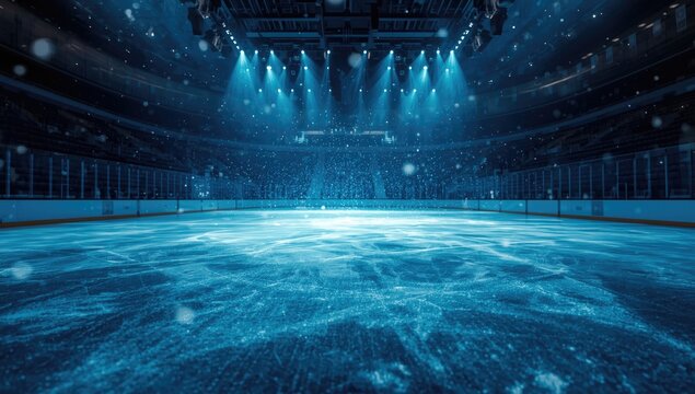 Lights glowing over an empty ice rink with winter background, suitable for skating or winter sports safety
