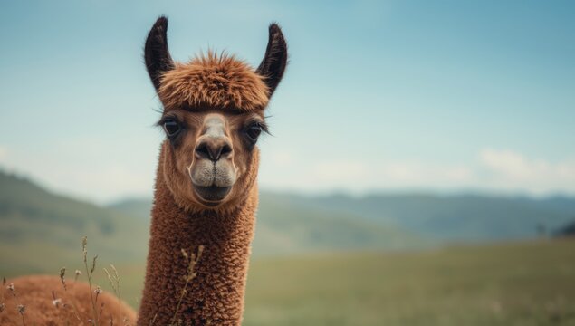 Detailed shot of a brown llama or alpaca head, focusing on fur pattern and facial features, for animal recognition