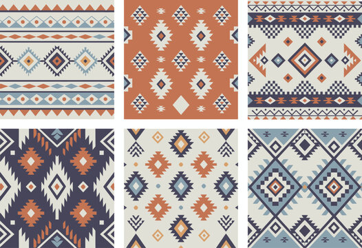 Seamless geometric patterns in southwestern tribal style with diamond and zigzag motifs in terracotta blue and cream
