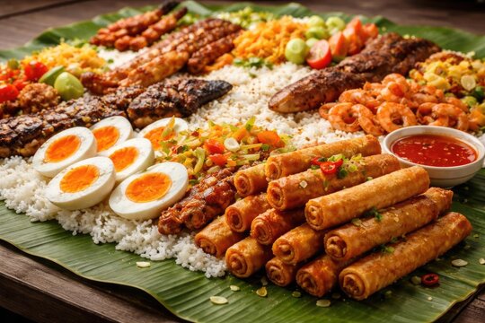 Assorted boodle fight dishes featuring lumpiang Shanghai and salted egg in a profile shot