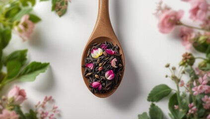 Black dry tea with petals in a wooden spoon, highlighting natural floral ingredients, World Tea Day