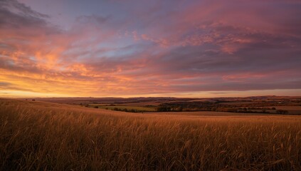 Dusk in an autumn field with vivid sky, highlighting seasonal transition